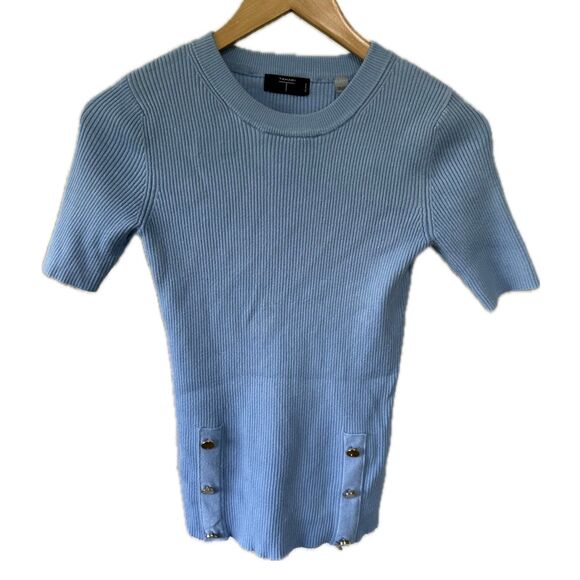 Elie Tahari Short Sleeve Faux Silver Buttons Ribbed Knit Sweater Petite S - Picture 1 of 6